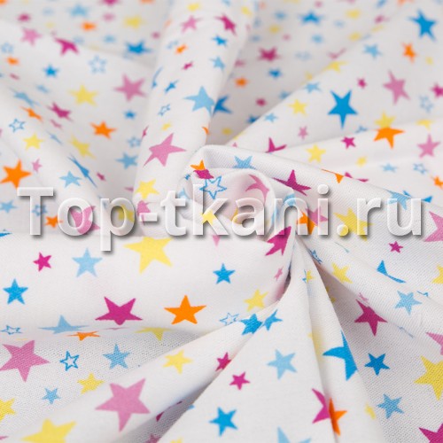 Фланель детская - Разноцветные звезды на белом (ширина 90 см)